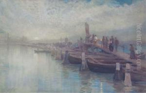 A Moonlight Procession Over A Bridge, Venice Oil Painting by Alexander Wallace Rimington