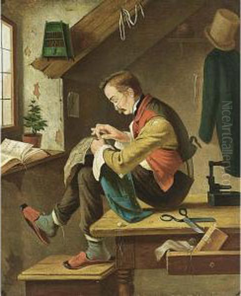 A Tailor Mending Clothes In His Studio Oil Painting by Rinaldo Rinaldi