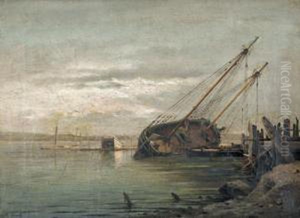 Hafenpartie Mit Gestrandetem Segelschiff. Oil Painting by Antonio Rinaldo