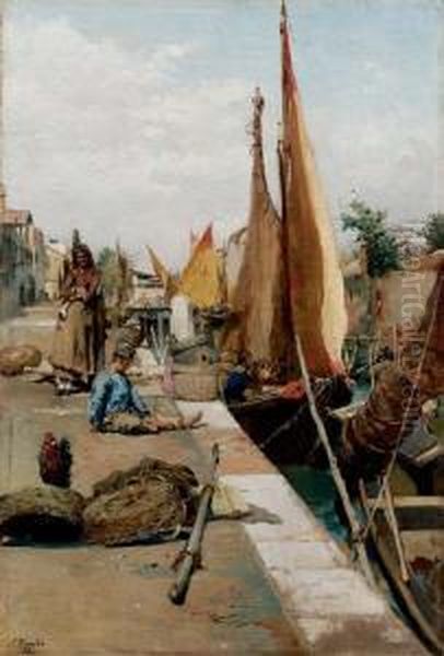 Molo Con Figure E Barche - 1884 Oil Painting by Antonio Rinaldo