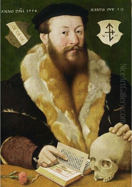 A Portrait Of A Bearded Man, Aged 39, Bust Length, Wearing A Fur-lined Black Coat And A Black Beret, Together With Vanitas Symbols On A Wooden Ledge In The Foreground Oil Painting by Hermann Tom Ring