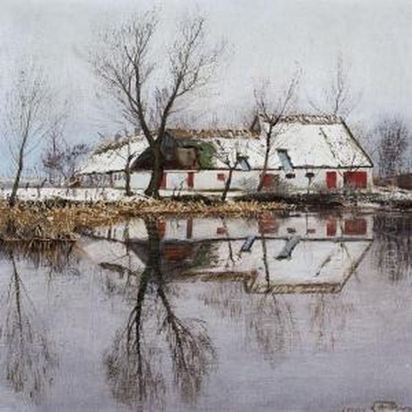 Martsdag Ved Gadek ret I Baldersbr nde. Huse Spejler Sig I K ret. Oil Painting by L.A. Ring