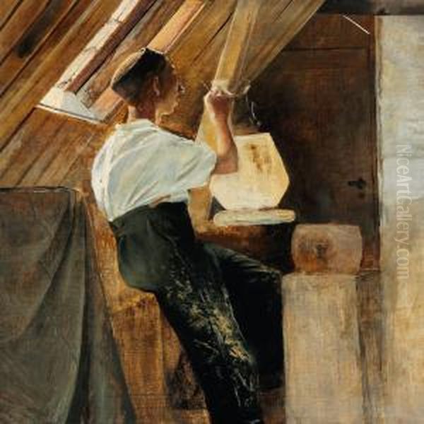 Tagkammerinterior Med En Pottemager Ved Sit Arbejde Oil Painting by Laurits Andersen Ring