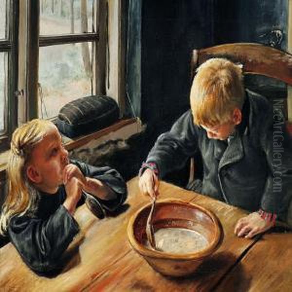 En Dreng Og En Pige Ved Middagsmaden Oil Painting by Laurits Andersen Ring