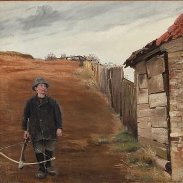 Boy With A Crossbow At The Foot Of A Hill Oil Painting by Laurits Andersen Ring