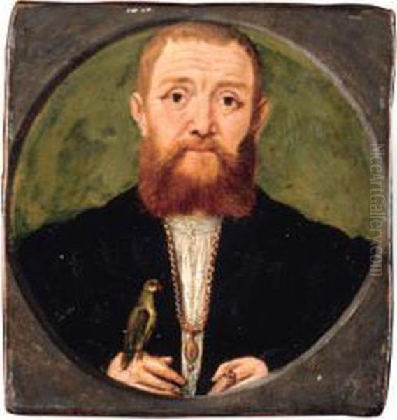 Portrait Of A Man, Head And Shoulders, In A Black Jacket And Goldchain, A Parakeet Resting On His Hand Oil Painting by Ludger Tom Ii Ring