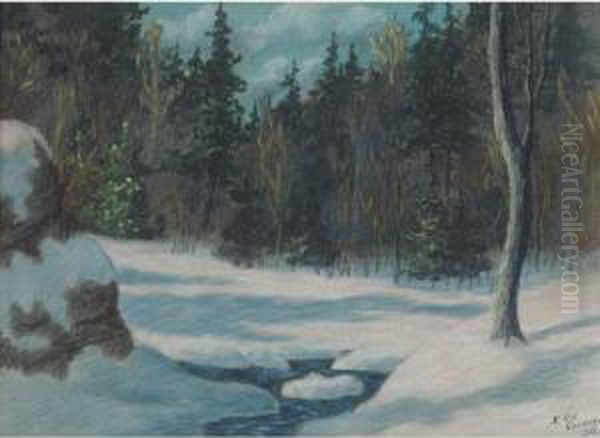 Stream In Winter Oil Painting by Eric John Benson Riordon