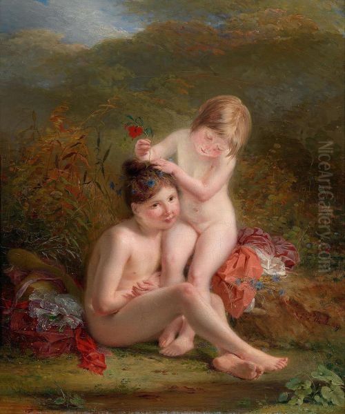 Due Piccole Ragazze Che Si Adornaao Oil Painting by Louis Edouard Rioult