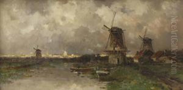 Opkomend Onweder: Windmills Along A River Oil Painting by Willem Cornelis Rip