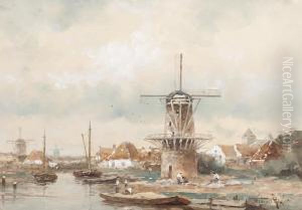 Activity By A Mill By The Water's Edge Oil Painting by Willem Cornelis Rip