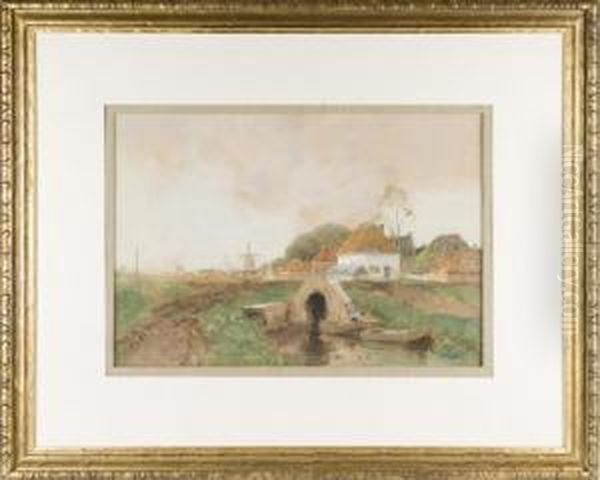 Dutch Scene Of Windmill, Houses Andwaterway Oil Painting by Willem Cornelis Rip