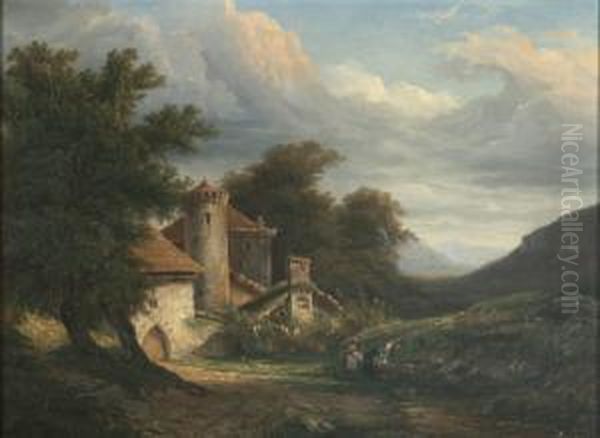 Gebirgslandschaft Mit Wascherinnen Vor Einem Burgartig Befestigten Gebaude Oil Painting by P.E. Rischgitz