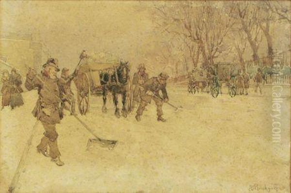 Clearing The Snow Oil Painting by P.E. Rischgitz