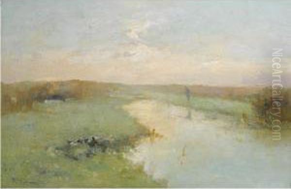 A Fisherman In A Polder Landscape Oil Painting by Jacob Ritsema