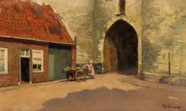 A Woman With A Vegetable Cart In A Village Street Oil Painting by Jacob Ritsema