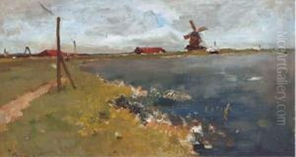 En Hollande: Windmill By The Waterside Oil Painting by Jacob Ritsema