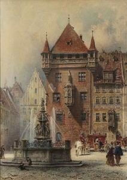 Nurnberg - Lorenzer Platz Mit
 Tugendbrunnen. Oil Painting by Lorenz Ritter