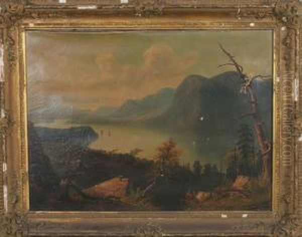 Landscape Of River Valley With Figure And Boats Oil Painting by Paul I Ritter