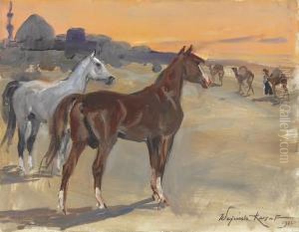 Arabian Horses At Rest Oil Painting by Woiciech Ritter Von Kossak