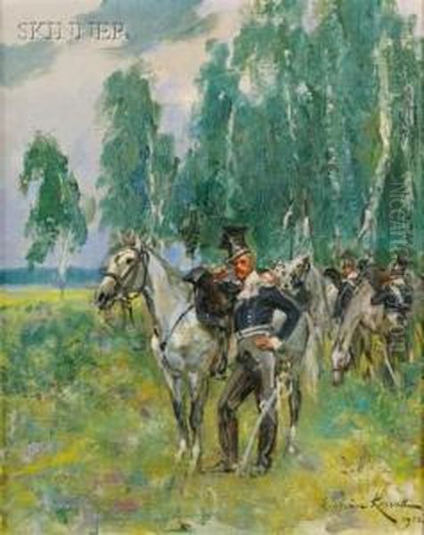 Lancers At Rest Oil Painting by Woiciech Ritter Von Kossak