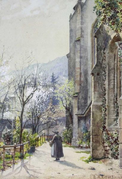 Fruhlingslandschaft Mit Frau Vor Einer Kirche Oil Painting by Wilhelm Ritter