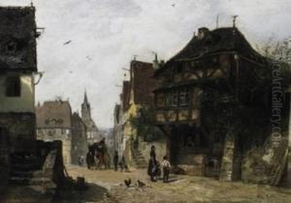 View Of A Small German Town. On The Street A Post-carriage. Signed Bottom Right: Wilh. Riter Oil Painting by Wilhelm Ritter