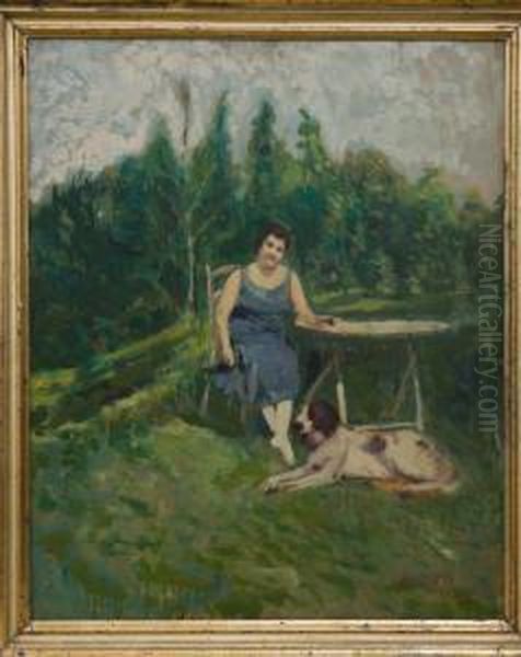 Ritratto Di Signora In Un Parco Con Cane Oil Painting by Egidio Riva