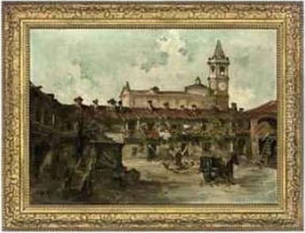 A Village Square Oil Painting by Giuseppe Riva