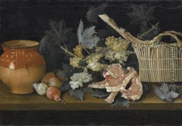 Natura Morta Con Frutta, Carne, Brocca In Ceramica E Cesto Oil Painting by Giovanni Rivalta