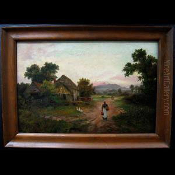 Lady On Roadway Passing Barns And Geese Oil Painting by Leopold Rivers