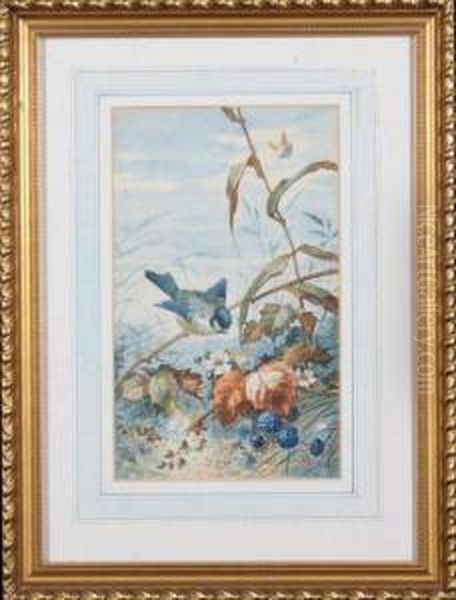 A Bluebird And Butterflies In A Blackberry Bush Oil Painting by Leopold Rivers