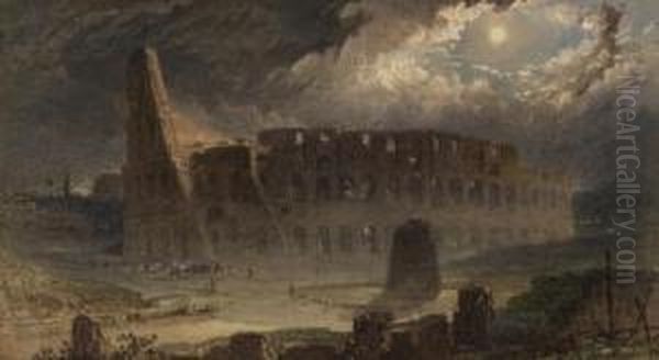 Roma, Fiaccolata Dinnanzi Il Colosseo In Una Notte Di Luna Oil Painting by Henry Parsons Riviere