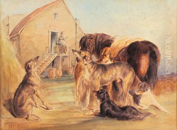 Cani Da Caccia E Un Cavallo Nel Cortile Con Un Cacciatore Sull'uscio Oil Painting by Henry Parsons Riviere