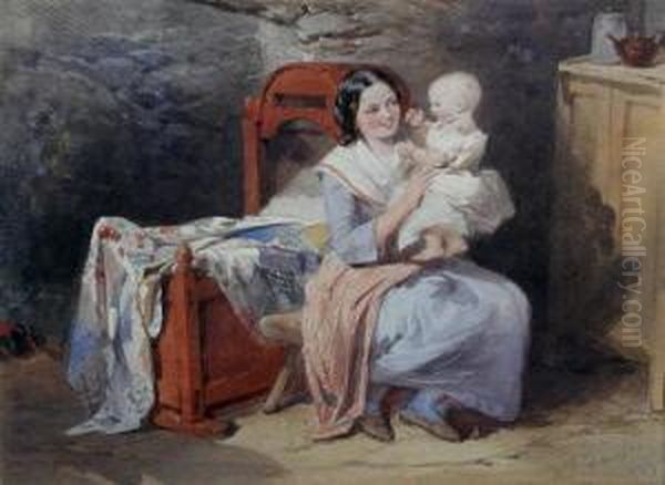 A Young Mother With Her Baby In An Interior Oil Painting by Henry Parsons Riviere