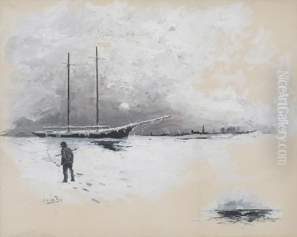 Schooner In Ice With A City In The Distance Oil Painting by Julian Walbridge Rix