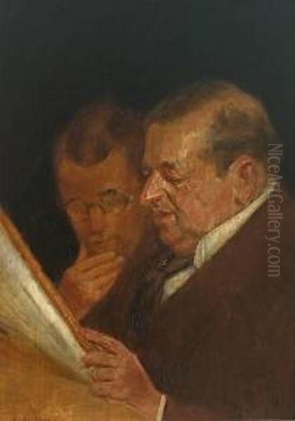 2 Herren Beim Studium Der Zeitung Oil Painting by Karl Rixkens