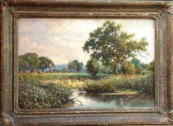 Figure On A Bridge In A River Landscape Withcattle Grazing In A Meadow Oil Painting by William Augustus Rixon