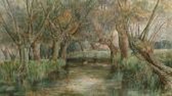 A Tree-lined River Bank Oil Painting by William Augustus Rixon