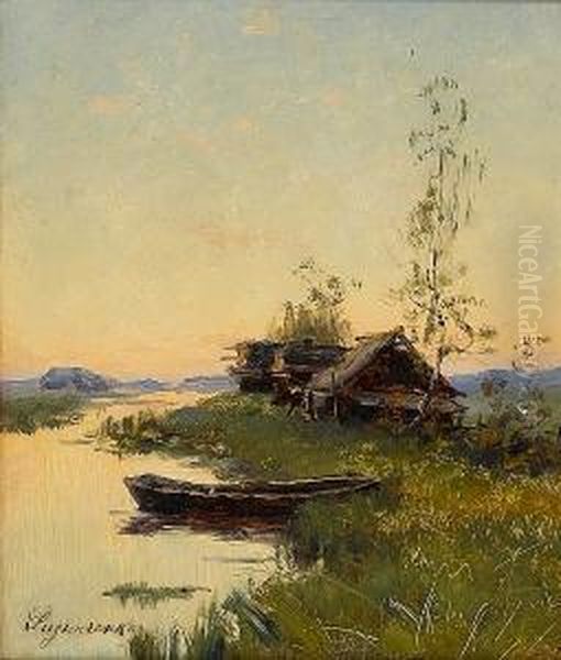 River Landscape Oil Painting by Feodor Petrovich Riznischenko