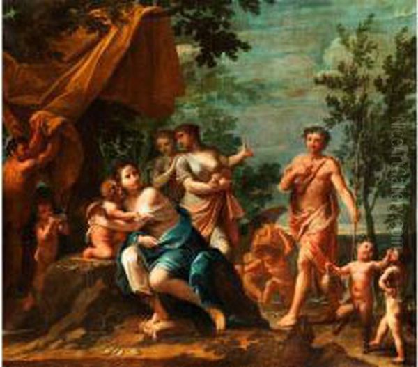 Antik-mythologische Szene Mit Dem Hirtenapollo, Der Sich Den Drei Grazien Nahert Oil Painting by Marco Antonio Rizzi