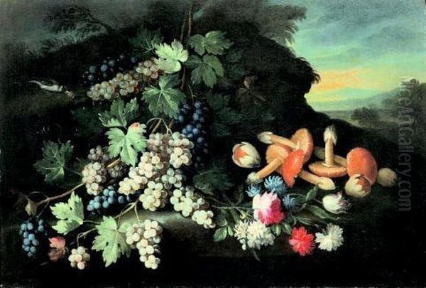 Natura Morta Di Fiori, Frutta E Funghi In Un Paesaggio Oil Painting by Marco Antonio Rizzi