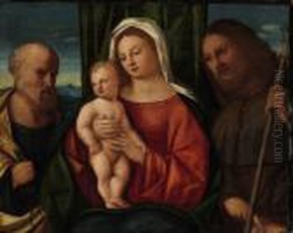 The Madonna And Child With Saints Peter And Roch Oil Painting by Francesco Rizzo Da Santacroce