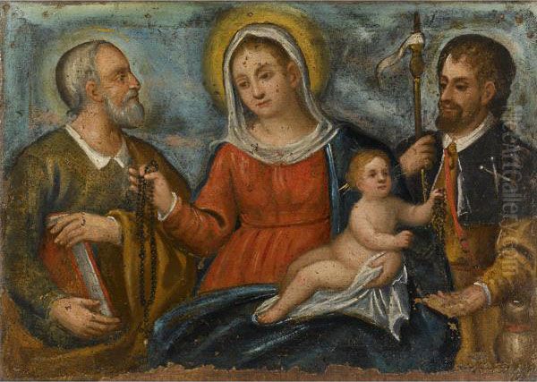 Madonna Del Rosario Col Bambino, San Rocco E Un Altro Santo Oil Painting by Francesco Rizzo Da Santacroce