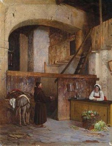 Scene From Roman Life: A Capuchin Monk Collects Donations Oil Painting by Alexander Rizzoni