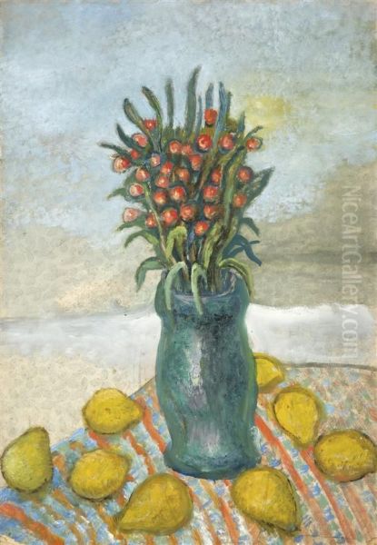 Nature Morte Au Bouquet De Pivoines Et Aux Citrons Oil Painting by Nikolaj Pavlovic Rjabusinskij