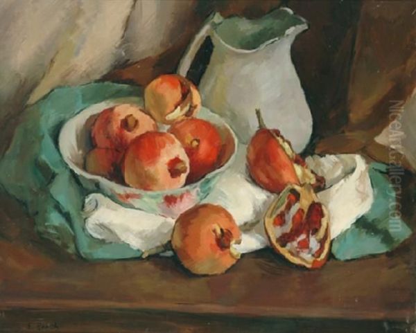 Still Life With Pomegranates And Jug Oilon Canvas Signed 'e. Roach' Lower Left 44.5 X 55 Cm Oil Painting by Elma Roach