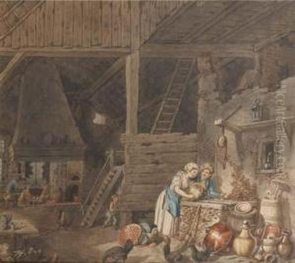 Interior With Peasants By A Well, Another Warming Her Hands At A Fire Beyond Oil Painting by R.G. Robart