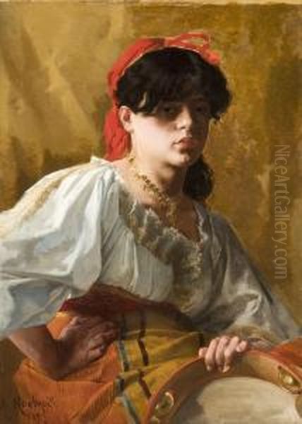 Orientale Au Tambourin Oil Painting by Alcide Theophile Robaudi