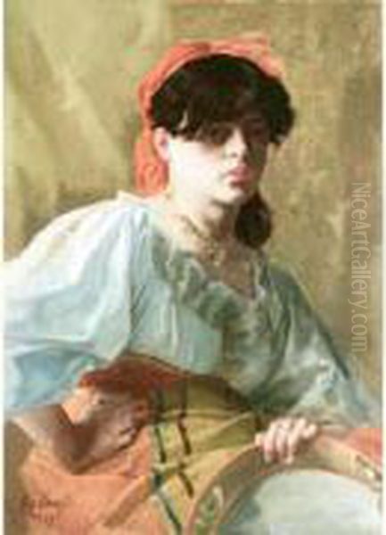 La Joueuse De Tambourin Oil Painting by Alcide Theophile Robaudi