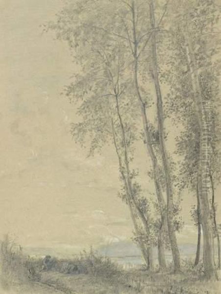 Paysans Ramassant Du Bois Pres D'un Lac Aux Grands Arbres Oil Painting by Alfred Robaut